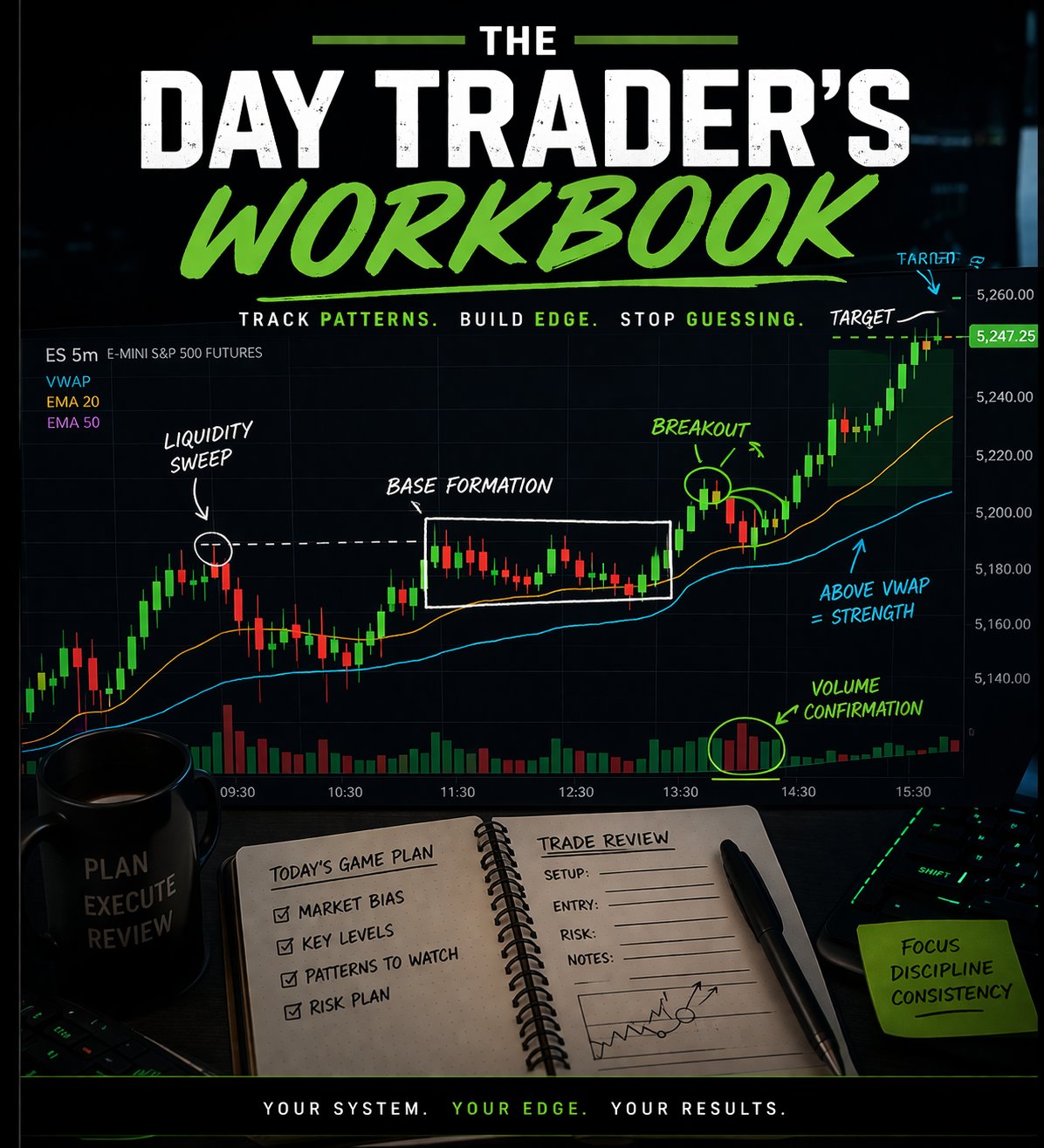 The Day Trader's Workbook cover showing a candlestick chart with annotated patterns, a notebook, and the tagline Track Patterns, Build Edge, Stop Guessing.